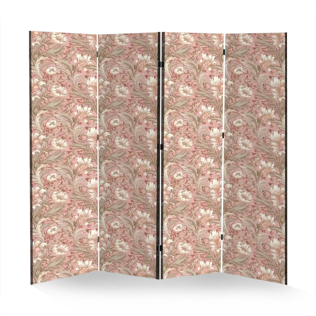 4 Panel Room Divider Folding Screen / William Morris Inspired - Blush & Gray