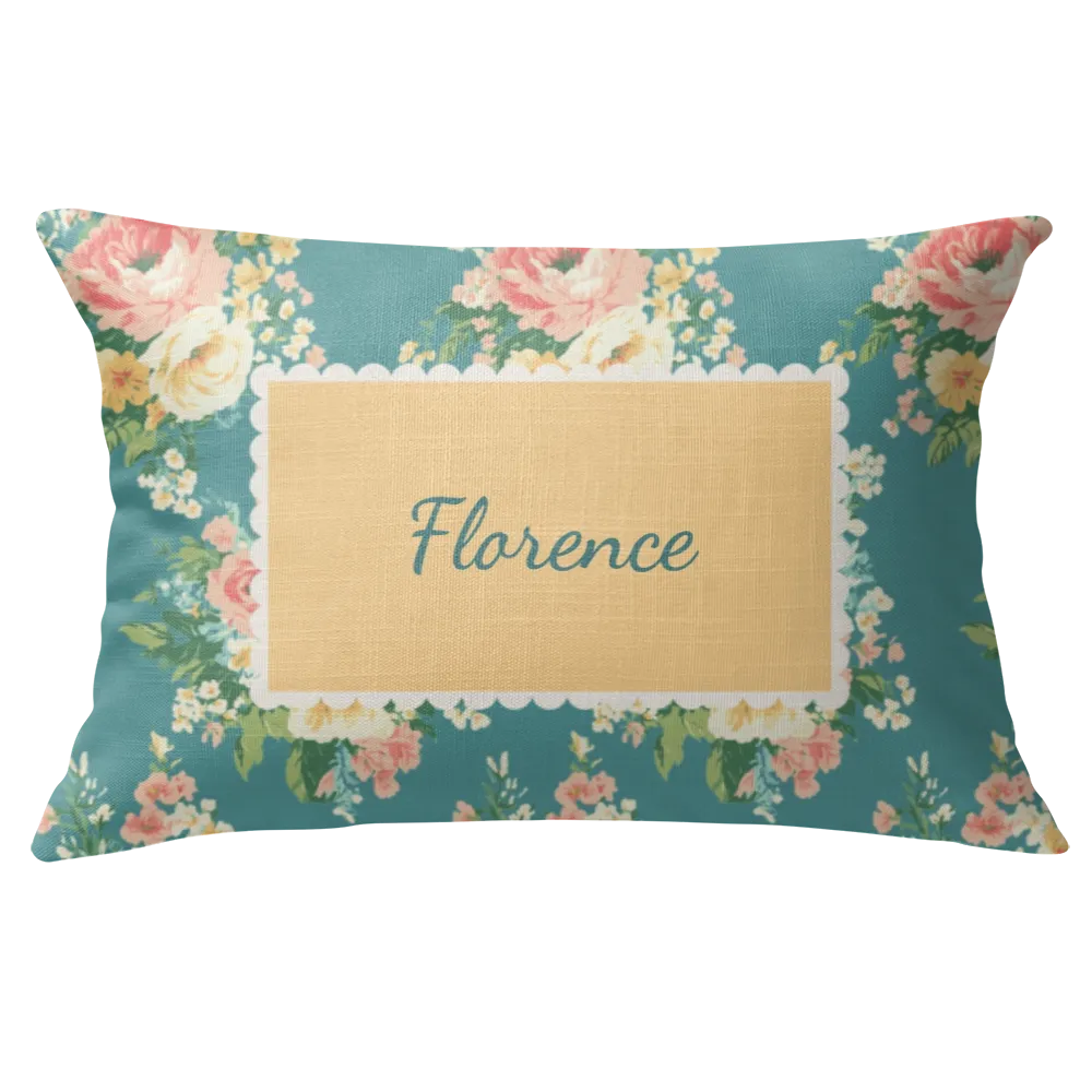 Florence - Blue Floral Lumbar Pillow – Personalized Panel | Vintage Cottage Collection