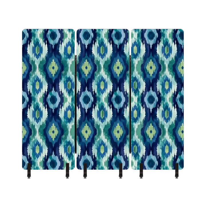 3 Panel Sound-Absorbing Room Divider / Ikat Fusion - Emerald Green and Sapphire Blues