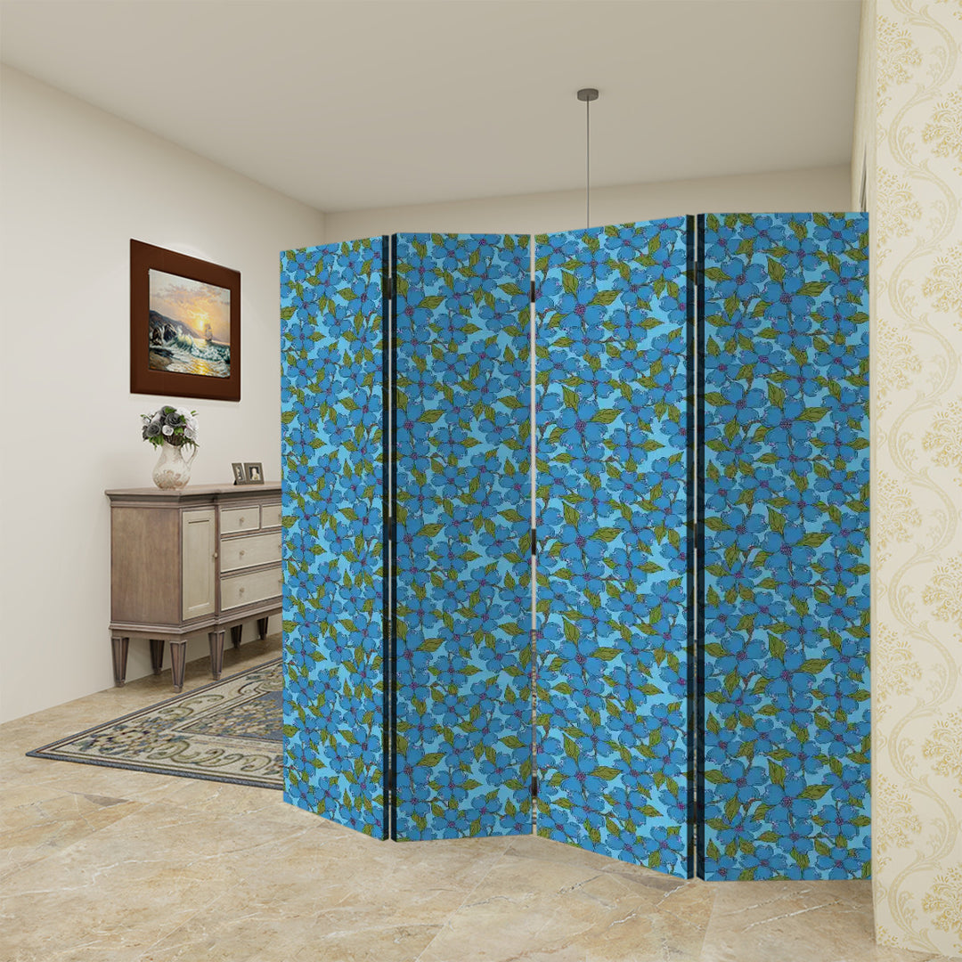 4 Panel Room Divider Folding Screen / North Carolina Dogwood - Blue