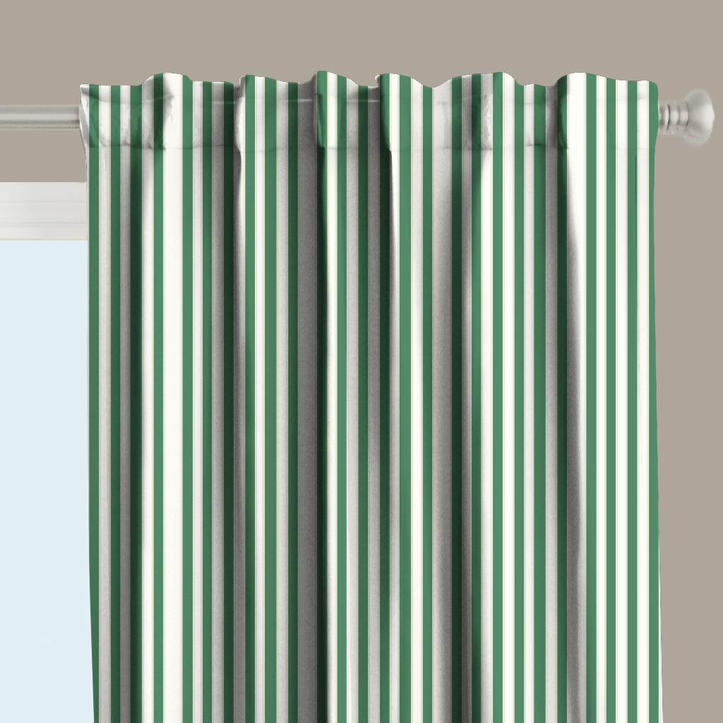 Window Curtain Set - Cotton Blend (2 Panels) | French Stripe - Green  (Vintage Cottage Collection)