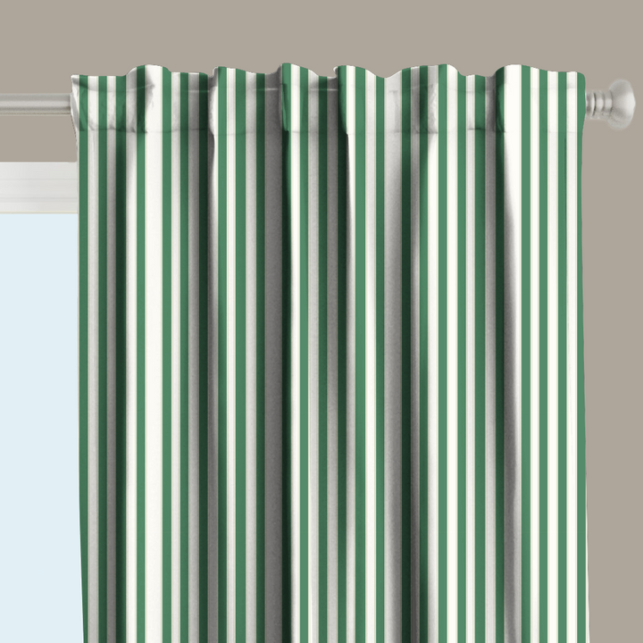 Window Curtain Set - Cotton Blend (2 Panels) | French Stripe - Green  (Vintage Cottage Collection)