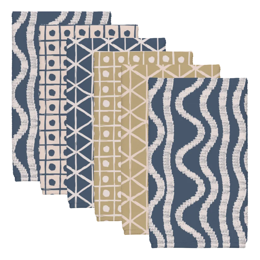 Ikat Fusion Tea Towel Set (6) – Sand &amp; Sea (Geometric)