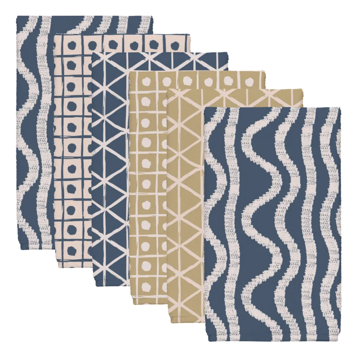Ikat Fusion Tea Towel Set (6) – Sand &amp; Sea (Geometric)