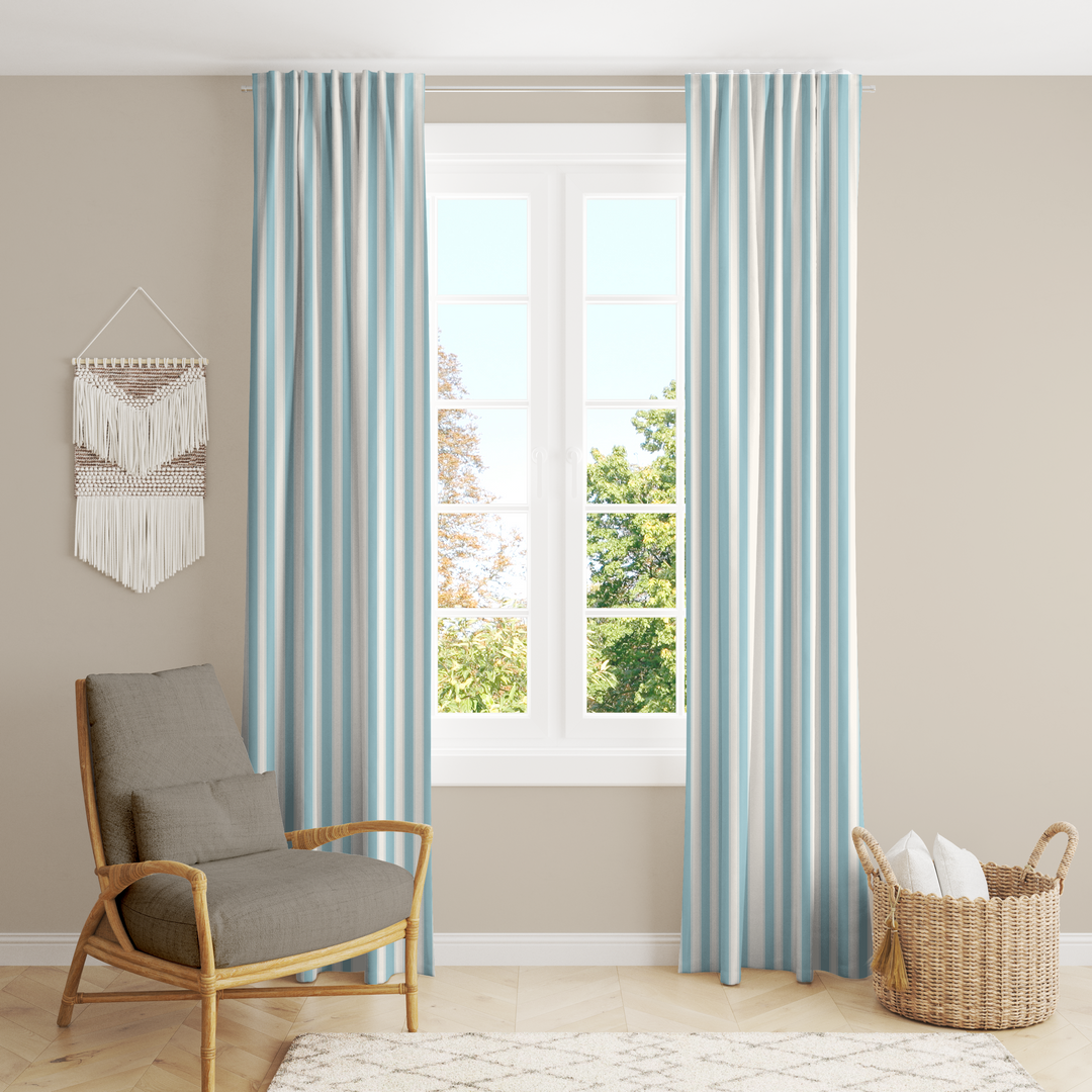 Window Curtain Set - Cotton Blend (2 Panels) | French Stripe - Pool  (Vintage Cottage Collection)