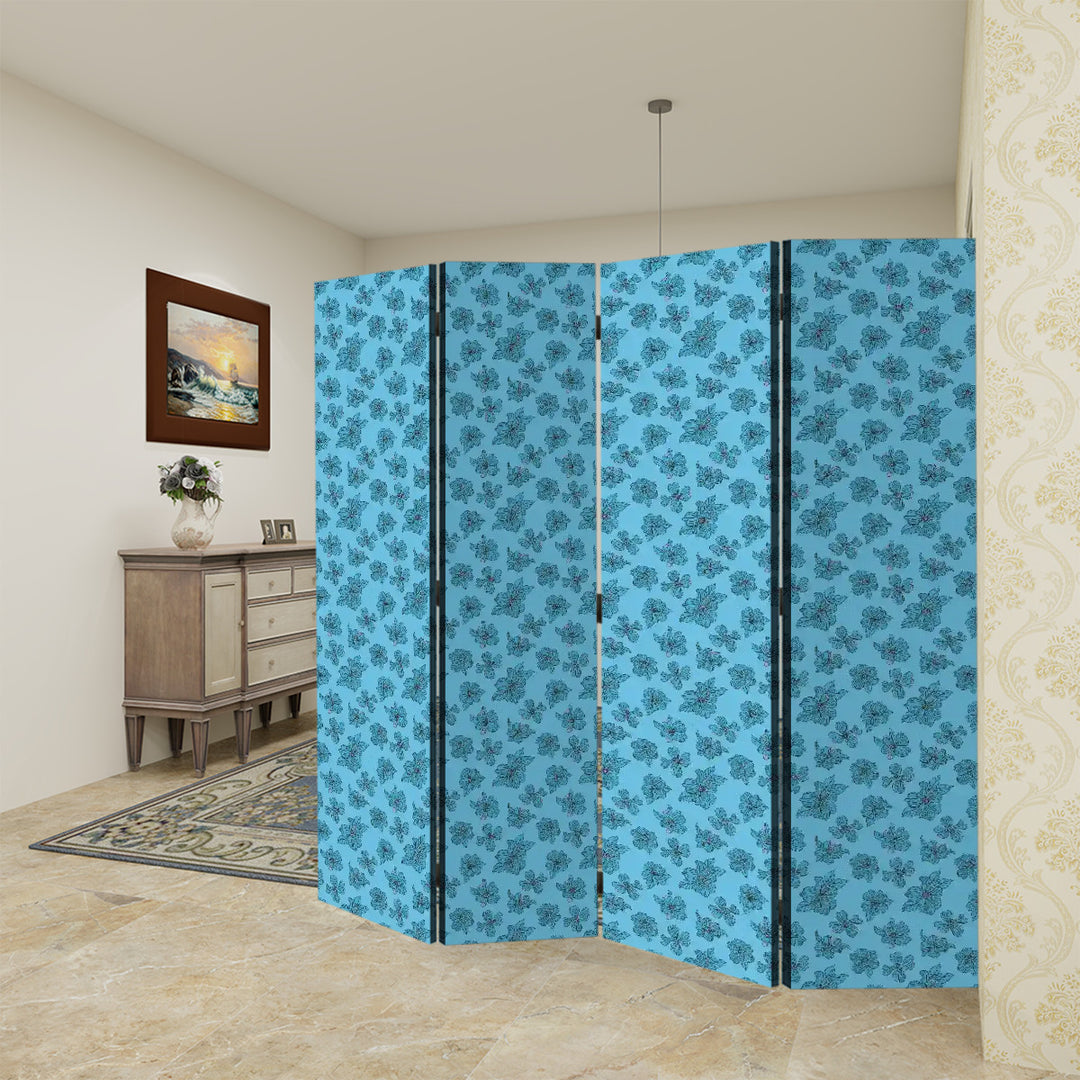 4 Panel Room Divider Folding Screen / Dogwood Blossoms - Blue