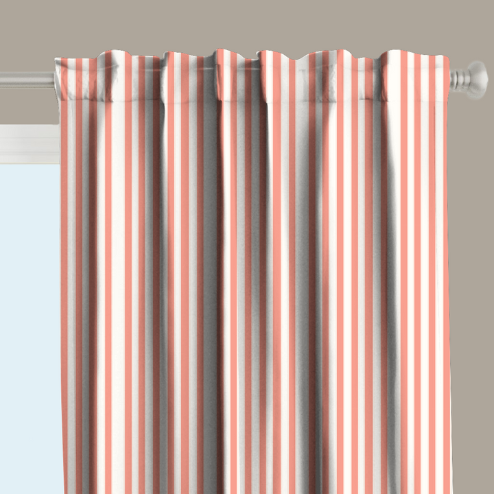 Window Curtain Set - Cotton Blend (2 Panels) | French Stripe - Salmon  (Vintage Cottage Collection)