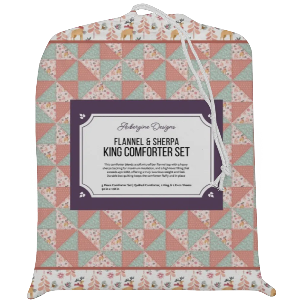 Luxury Flannel & Sherpa Comforter Set | Patchwork Pinwheel - Woodland Deer