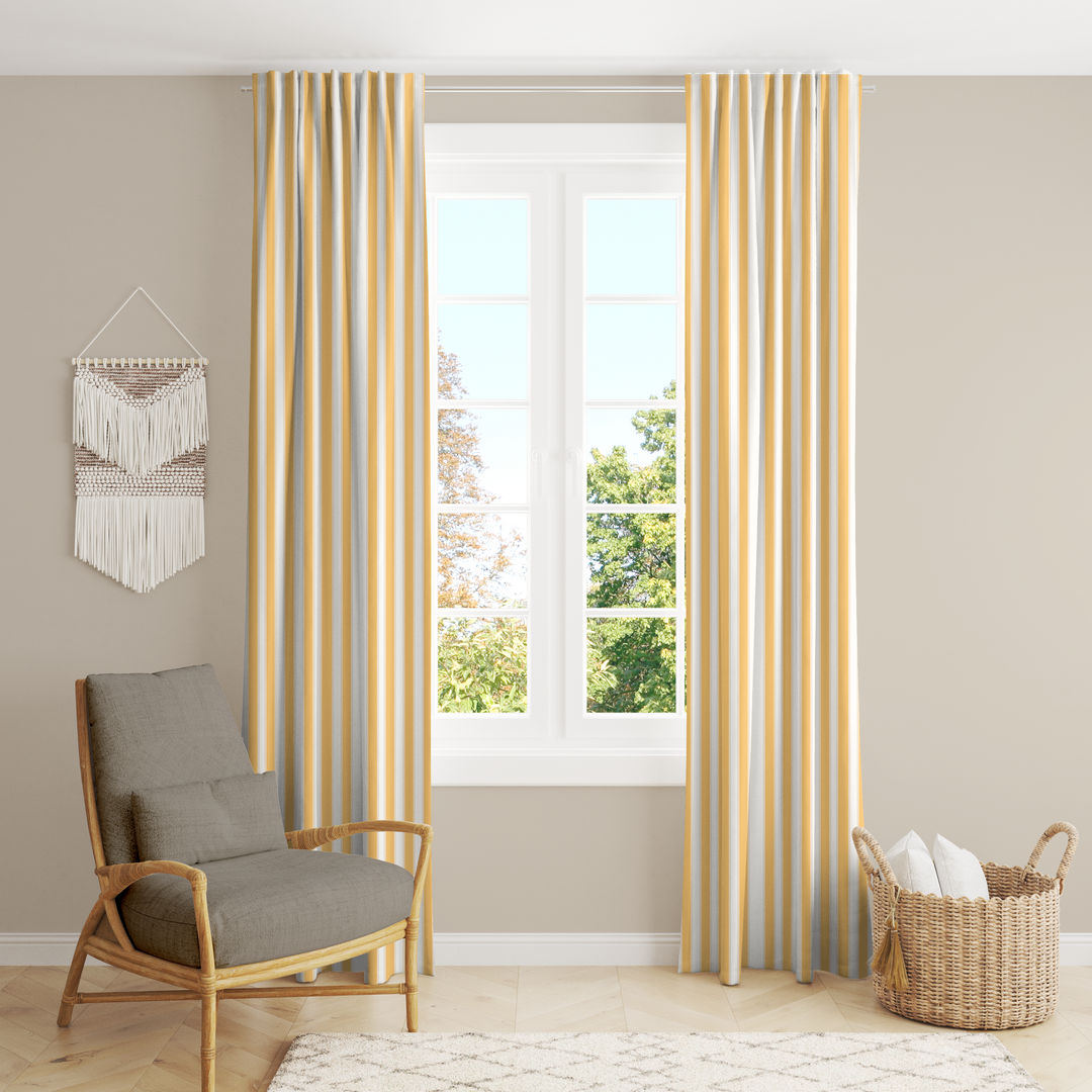 Window Curtain Set - Cotton Blend (2 Panels) | French Stripe - Yellow