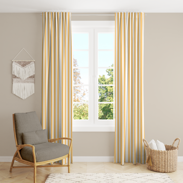 Window Curtain Set - Cotton Blend (2 Panels) | French Stripe - Yellow