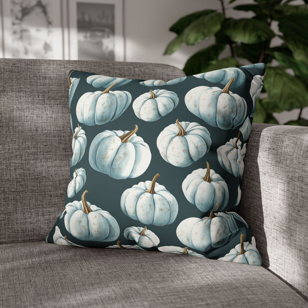 Microsuede Square Pillow Cover / White Pumpkins on Teal Blue