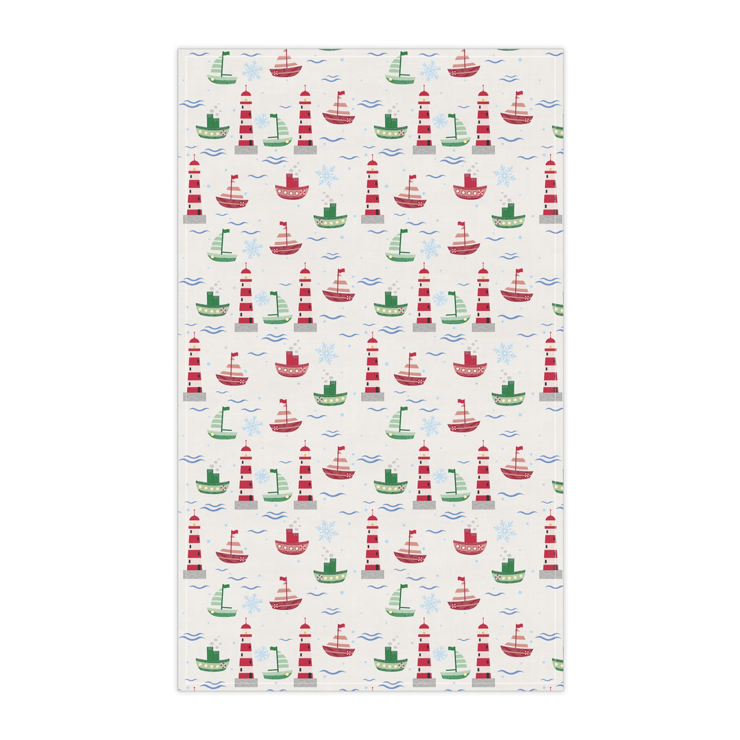 Cotton Twill Tea Towel / Christmas on the Coast / Boats and Snowflakes