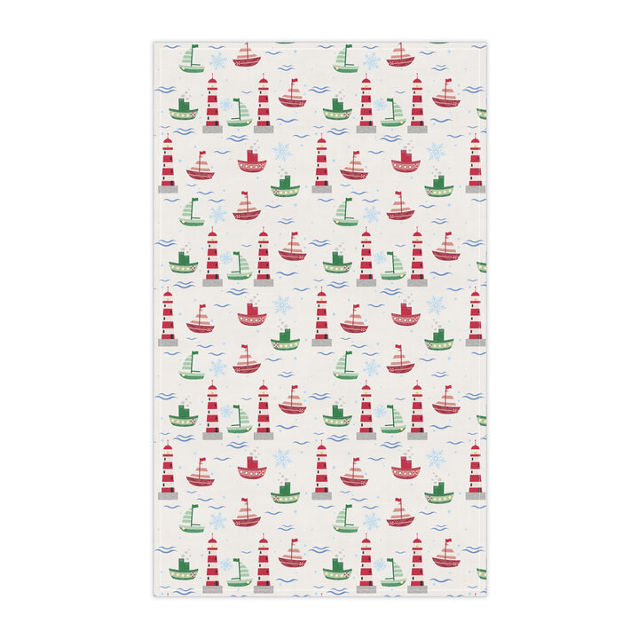 Cotton Twill Tea Towel / Christmas on the Coast / Boats and Snowflakes