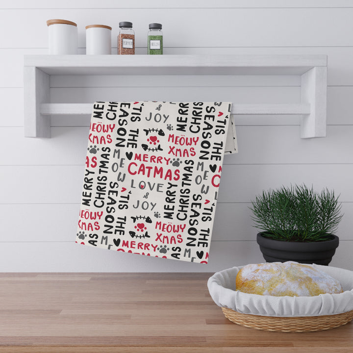 Cotton Twill Tea Towel / Merry Catmus Collection / Festive Cat Phrases