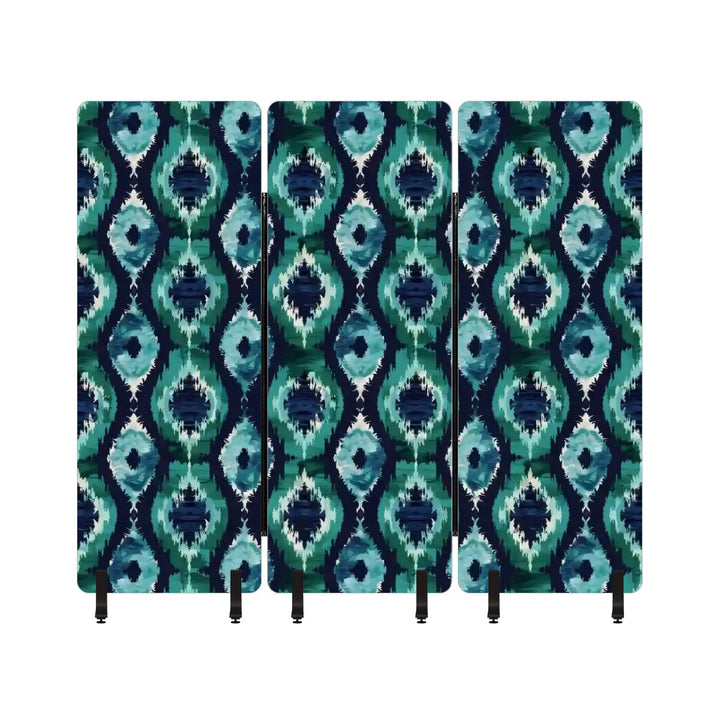 3 Panel Sound-Absorbing Room Divider / Ikat Fusion - Emerald Green and Sapphire Blues