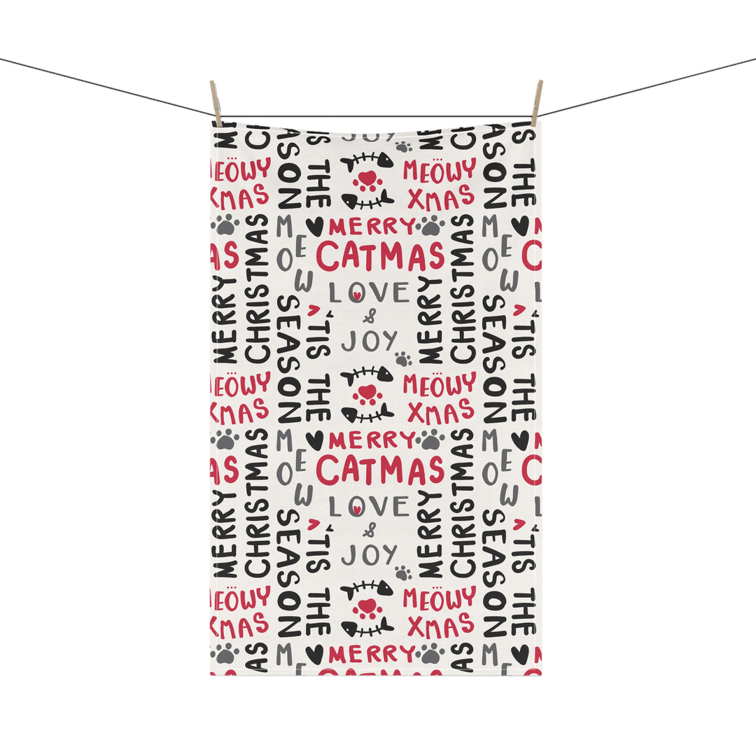 Cotton Twill Tea Towel / Merry Catmus Collection / Festive Cat Phrases