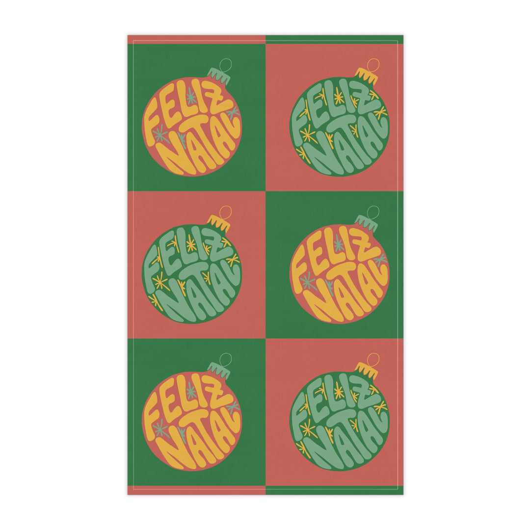 Cotton Twill Tea Towel / Groovy Baubles / Feliz Natal / Merry Christmas - Portuguese (Português)