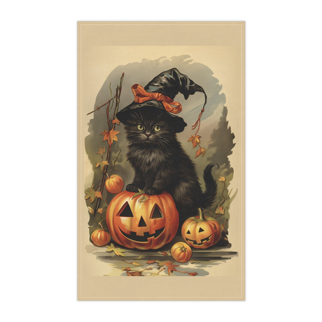 Cotton Twill Tea Towel / Vintage Halloween Art - Black Cats