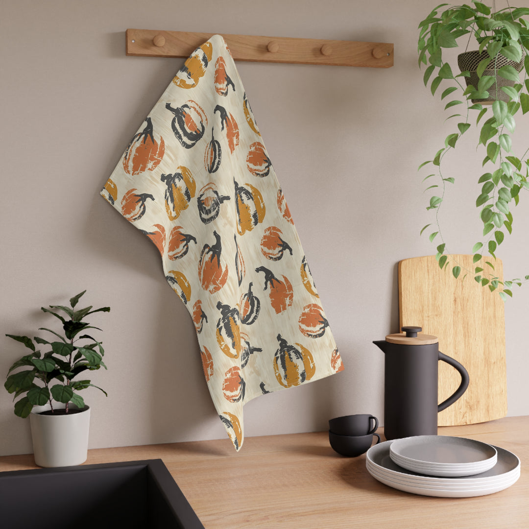 Cotton Twill Tea Towel / Fall Ikat - Pumpkins on Linen