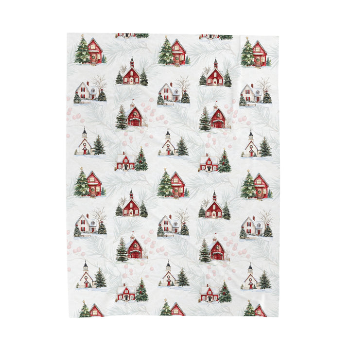 Velveteen Plush Blanket / New England Christmas / Houses