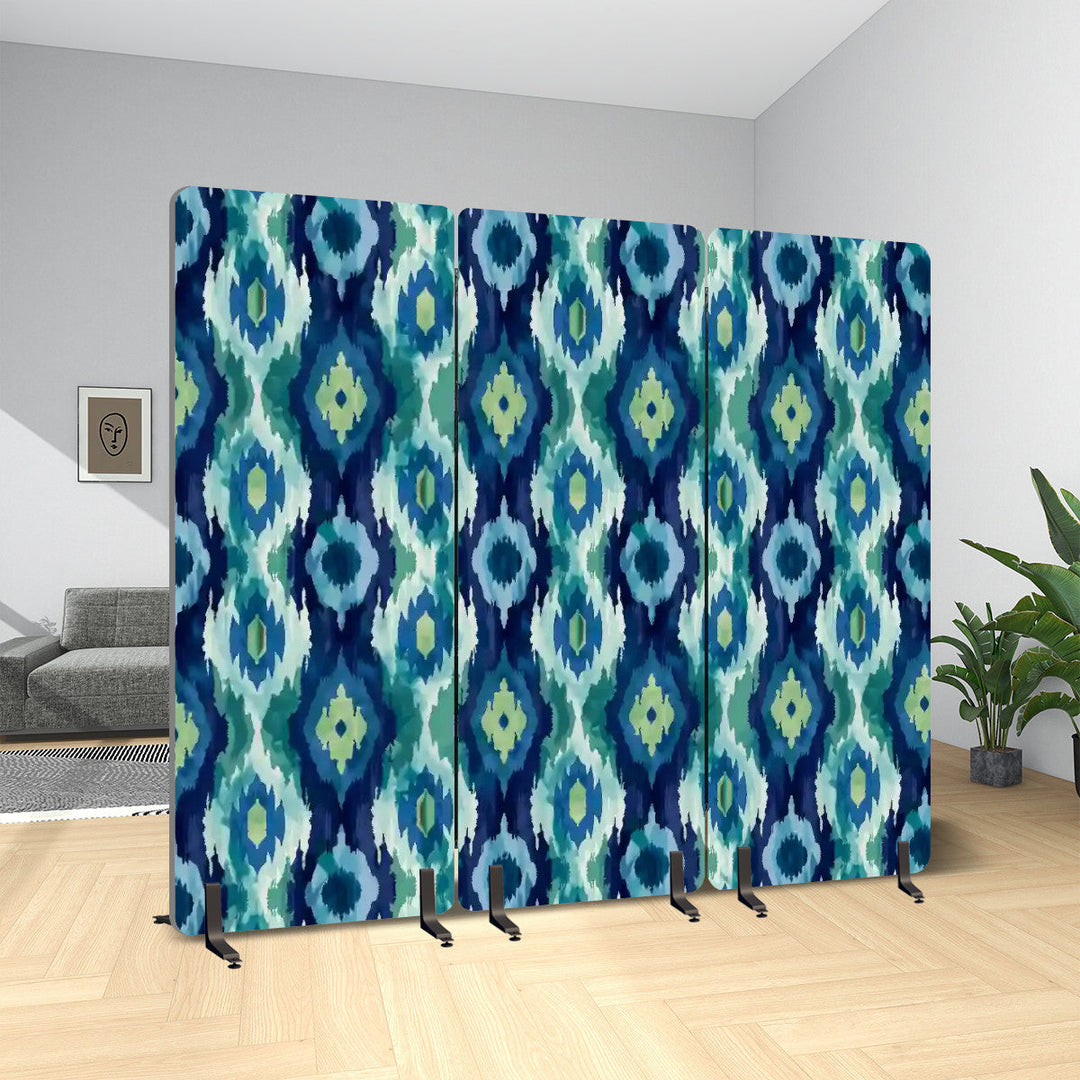 3 Panel Sound-Absorbing Room Divider / Ikat Fusion - Emerald Green and Sapphire Blues