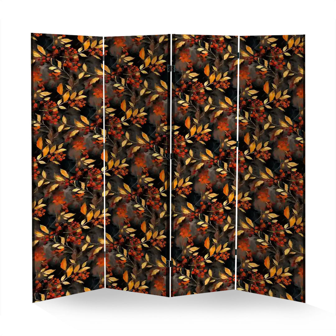 4 Panel Room Divider Folding Screen / Berries and Leaves - Rust