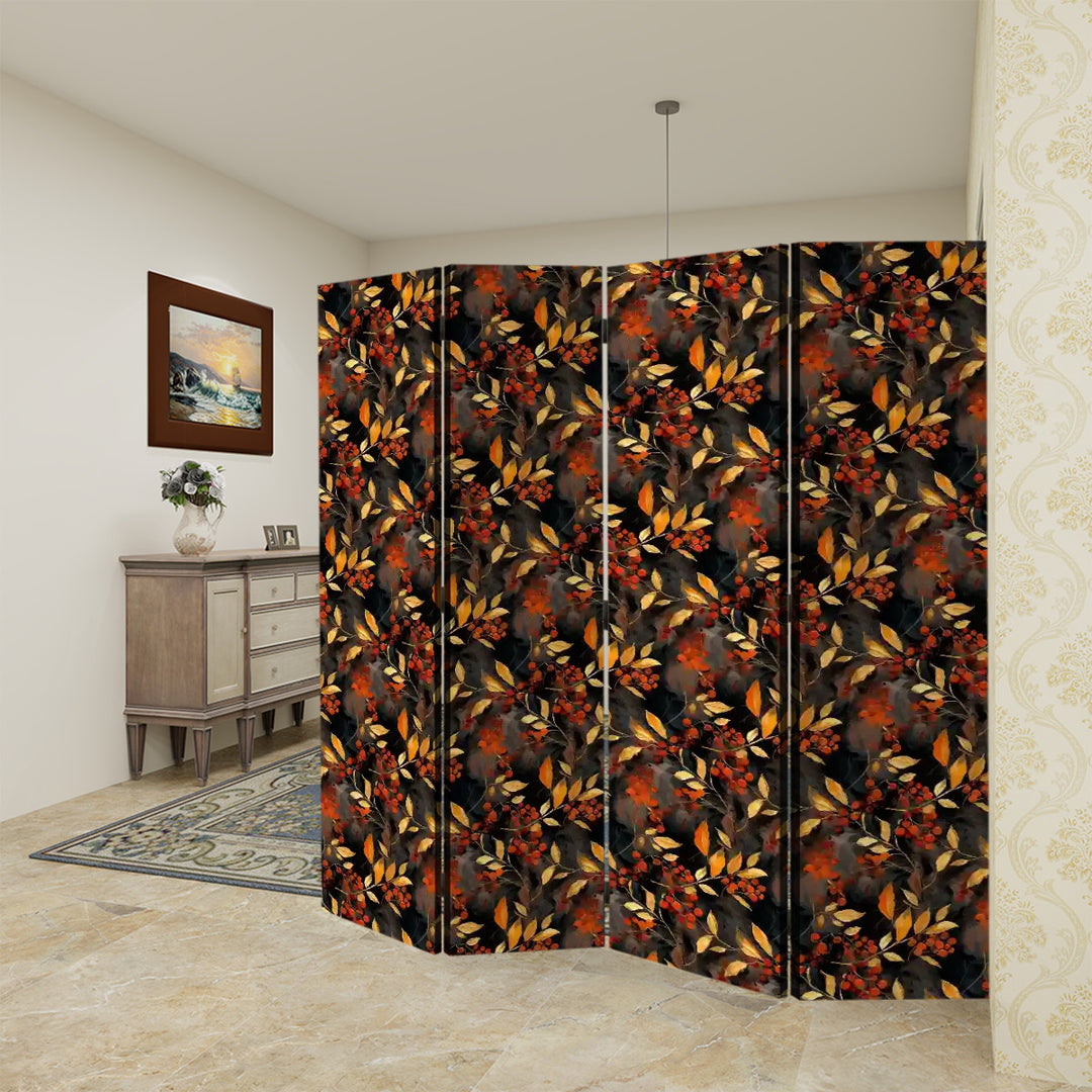 4 Panel Room Divider Folding Screen / Berries and Leaves - Rust