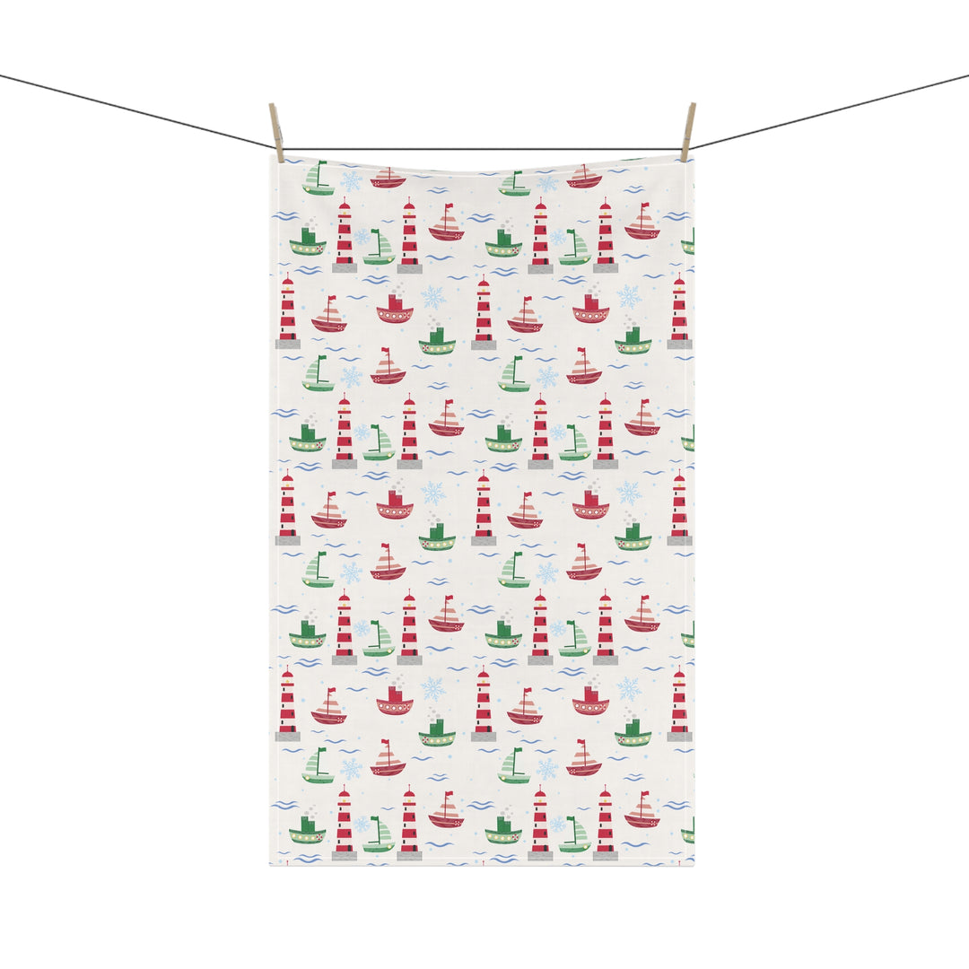 Cotton Twill Tea Towel / Christmas on the Coast / Boats and Snowflakes