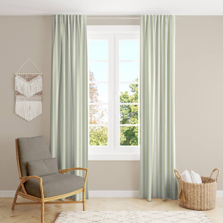 Window Curtain Set - Cotton Blend (2 Panels) | French Stripe - Celery  (Vintage Cottage Collection)
