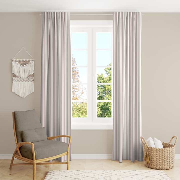 Window Curtain Set - Cotton Blend (2 Panels) | French Stripe - Dusty Lilac  (Vintage Cottage Collection)