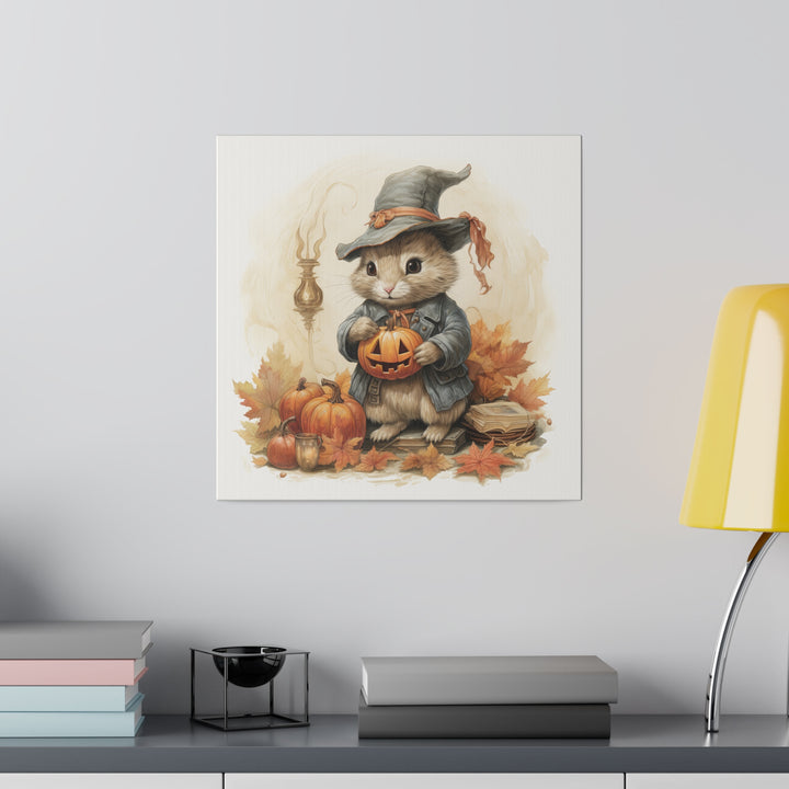 Square Matte Canvas / Fall & Halloween Art - Beatrix Potter Inspired Collection - Rabbit Holding a Pumpkin