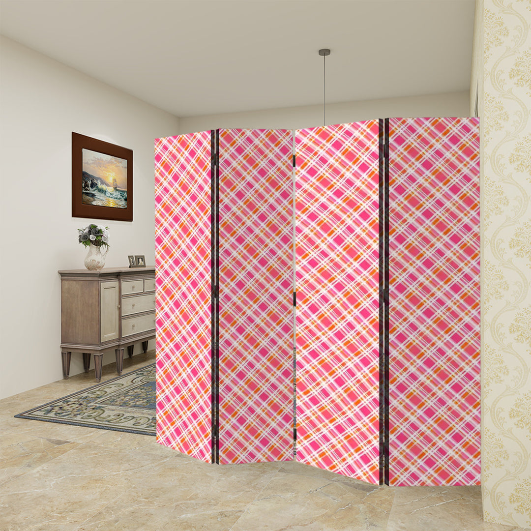 4 Panel Room Divider Folding Screen / Dreamhouse Pink Orange Glo PlaidPlaid