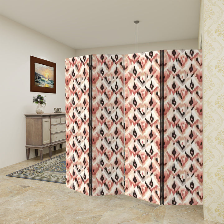 4 Panel Room Divider Folding Screen / Ikat Fusion - Blush and Beige