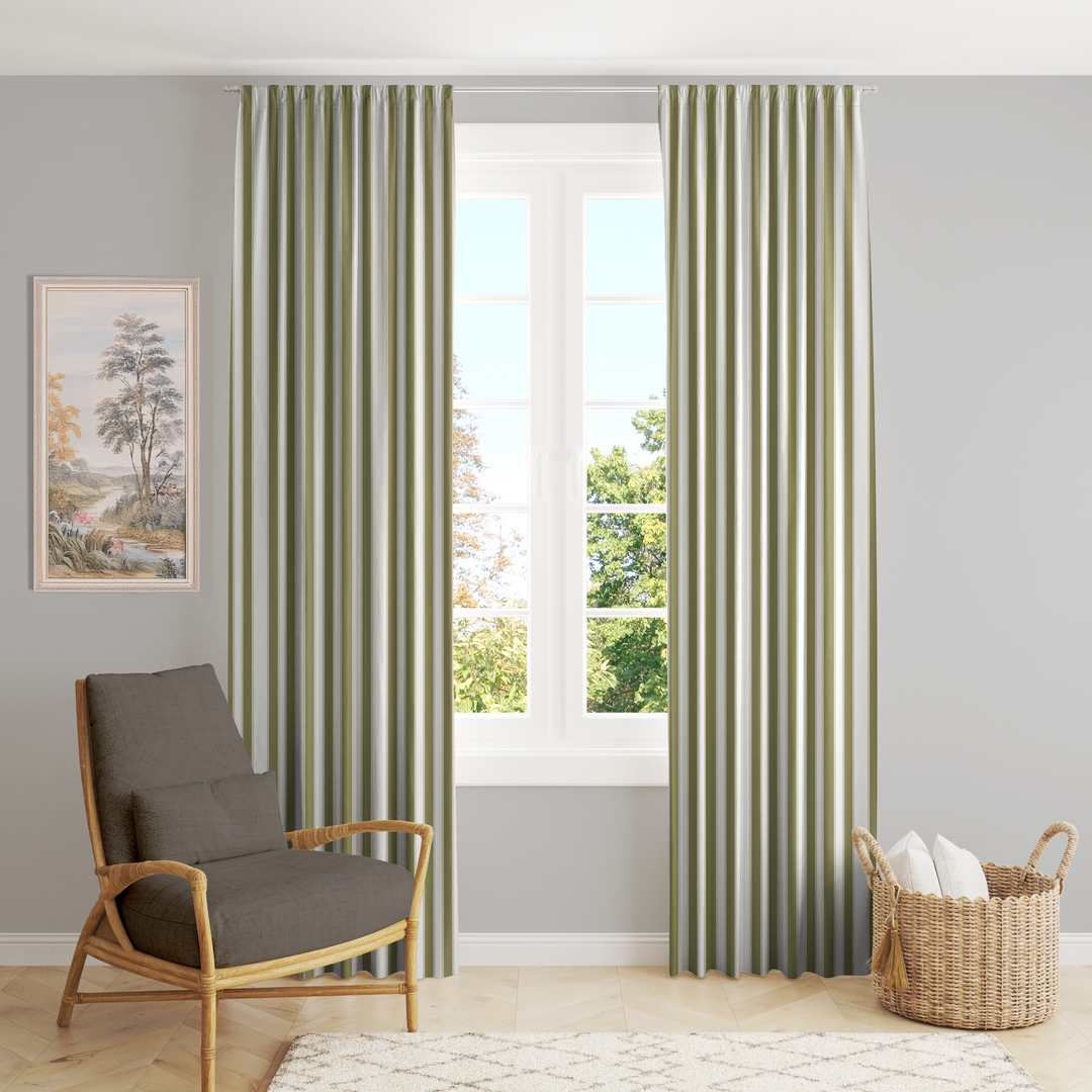 Window Curtain Set - Cotton Blend (2 Panels) | French Stripe - Artichoke  (Vintage Cottage Collection)