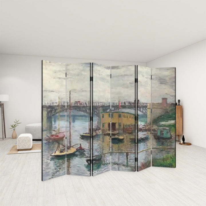 6 Panel Room Divider Folding Screen - Fine Art / Monet / Bridge at Argenteuil on a Gray Day (1876)