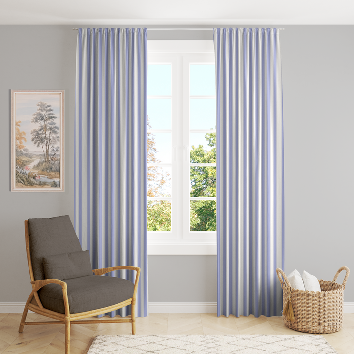 Window Curtain Set - Cotton Blend (2 Panels) | French Stripe - Periwinkle  (Vintage Cottage Collection)