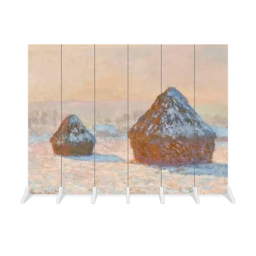 6 Panel Room Divider Folding Screen - Fine Art / Monet / Wheatstacks, Snow Effect, Morning (1891)