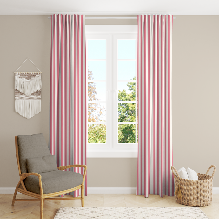 Window Curtain Set - Cotton Blend (2 Panels) | French Stripe - Peony  (Vintage Cottage Collection)