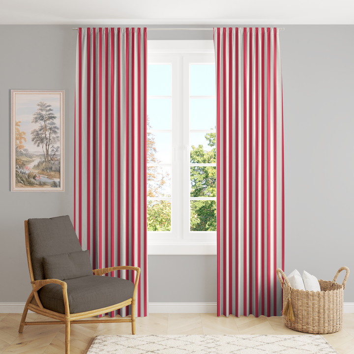 Window Curtain Set - Cotton Blend (2 Panels) | French Stripe - Rose  (Vintage Cottage Collection)