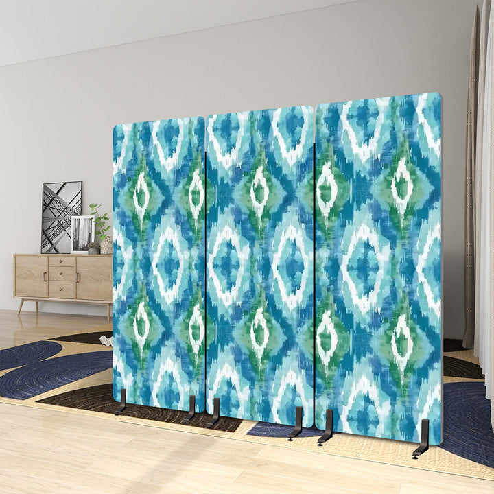 3 Panel Sound-Absorbing Room Divider / Ikat Fusion - Pale Blue and Greens