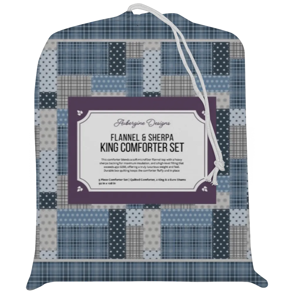 Luxury Flannel & Sherpa Comforter Set | Patchwork Squardular - Silver Star