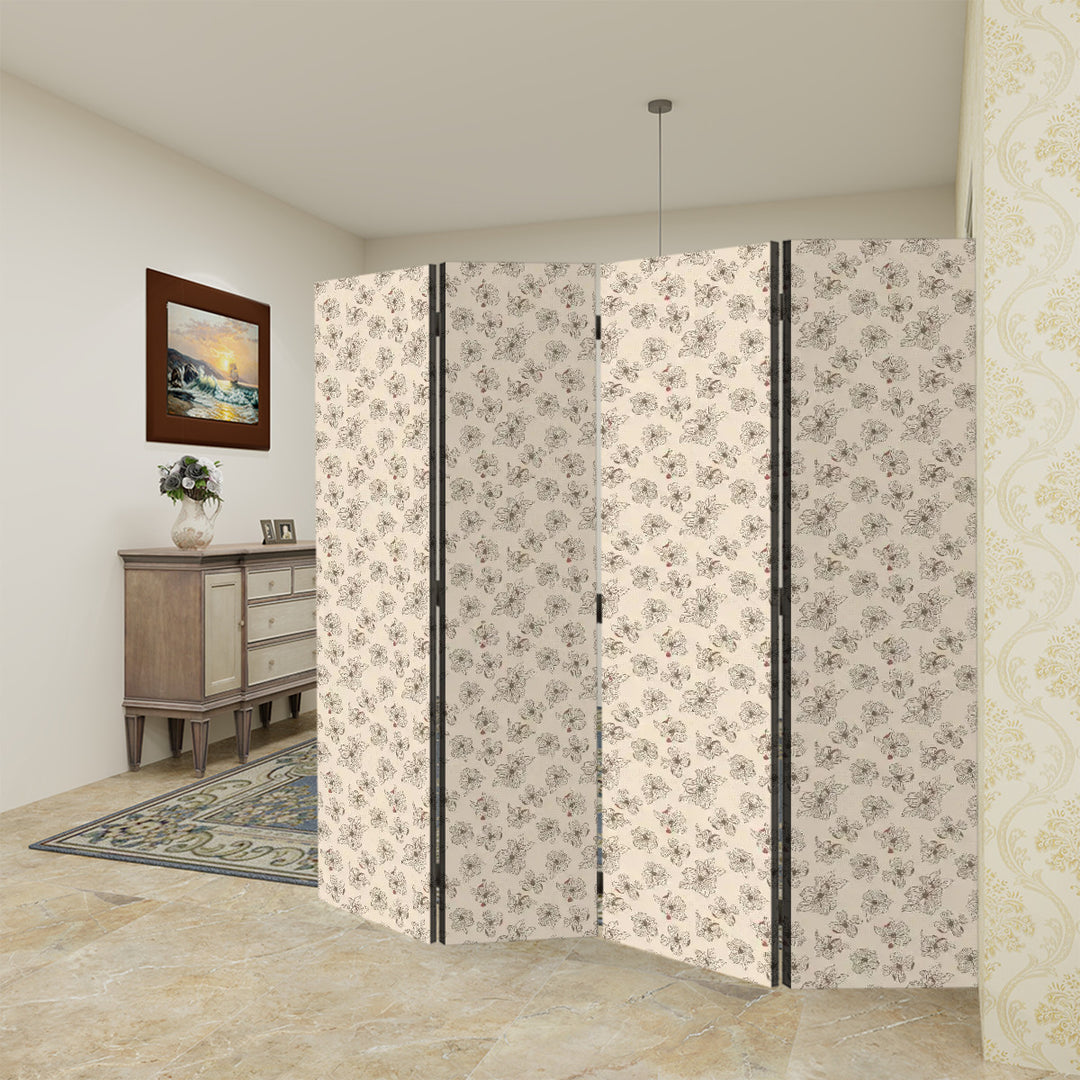 4 Panel Room Divider Folding Screen / Dogwood Blossoms - White & Persimmon