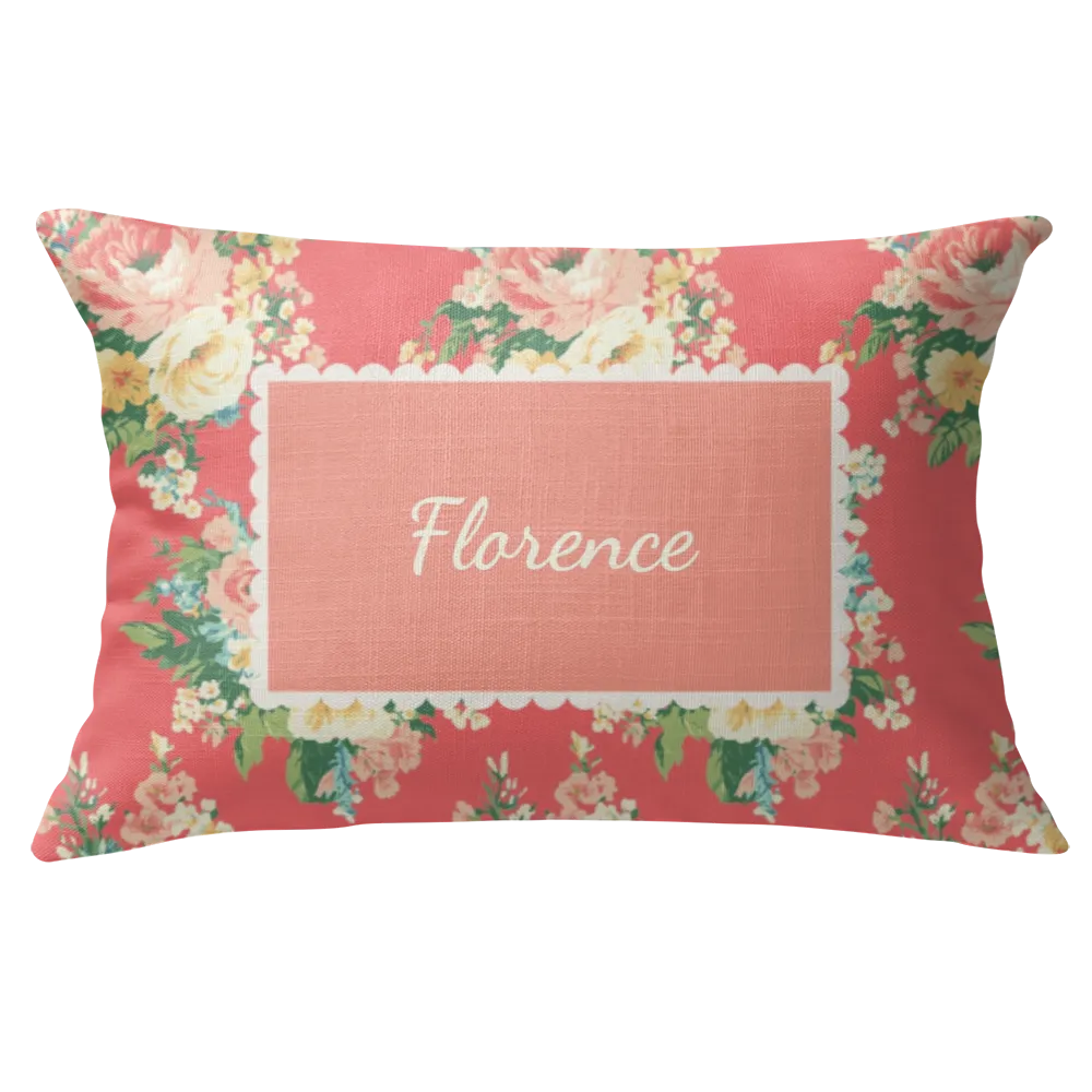 Florence - Dark Coral Floral Lumbar Pillow – Personalized Panel | Vintage Cottage Collection