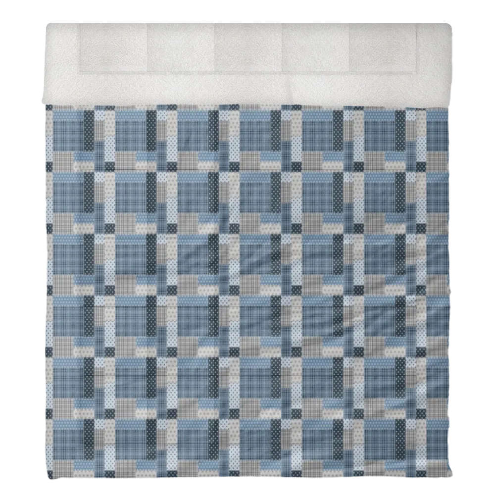 Luxury Flannel & Sherpa Comforter Set | Patchwork Squardular - Silver Star