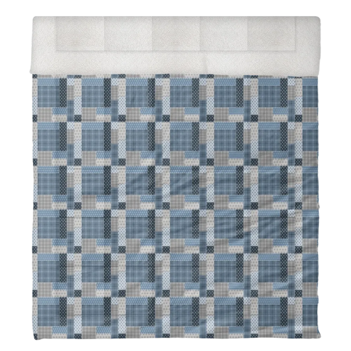 Luxury Flannel & Sherpa Comforter Set | Patchwork Squardular - Silver Star