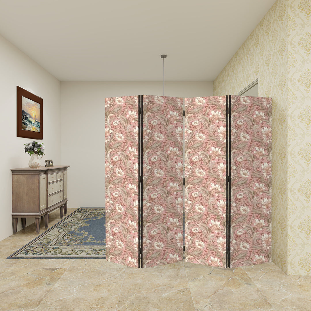 4 Panel Room Divider Folding Screen / William Morris Inspired - Blush & Gray