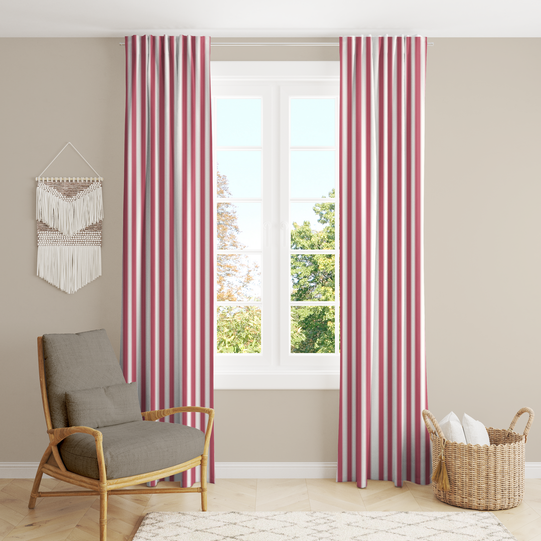 Window Curtain Set - Cotton Blend (2 Panels) | French Stripe - Rouge  (Vintage Cottage Collection)