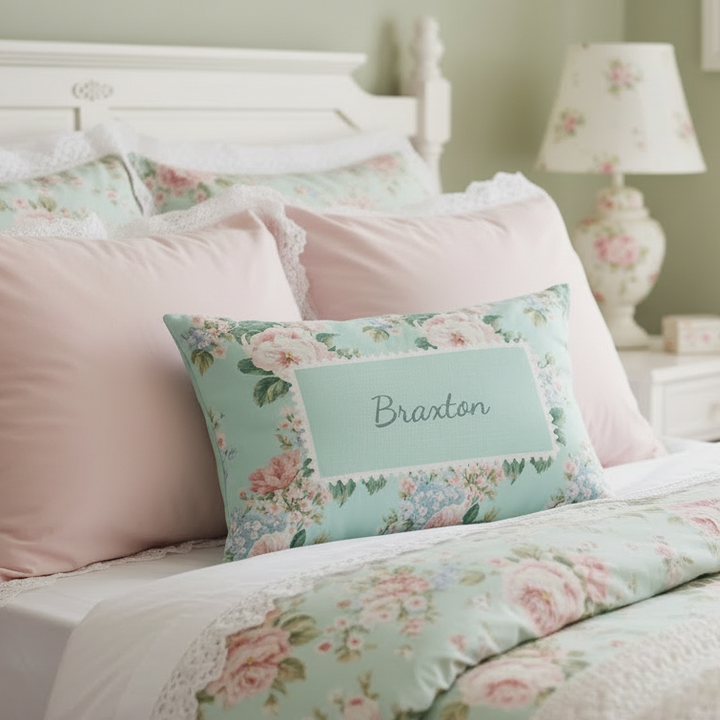 Braxton Floral Lumbar Pillow – Personalized Panel | Vintage Cottage Collection
