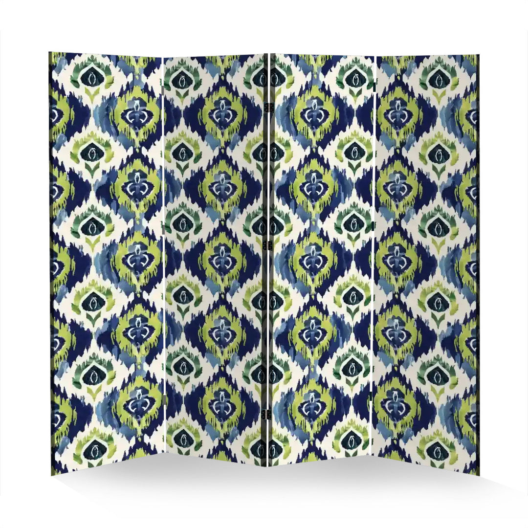 4 Panel Room Divider Folding Screen / Ikat Fusion - Navy Blue and Peridot Greens