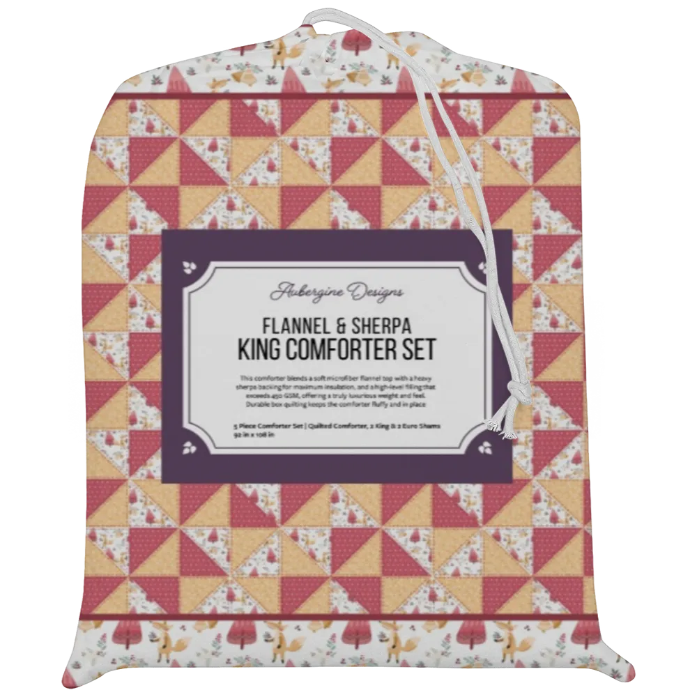 Luxury Flannel & Sherpa Comforter Set | Patchwork Pinwheel - Woodland Fox